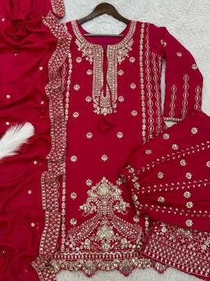 Pure Chinon Silk Red Kurti Palazzo Dupatta Set