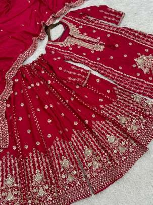Pure Chinon Silk Red Kurti Palazzo Dupatta Set
