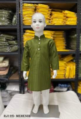 Pure Cotton Slub Stripe Mehendi Kids Kurta Pajama