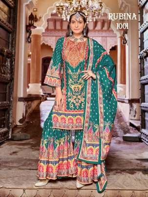 Pure Crape Silk Rama Colour Sharara Suit