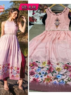 Pure Digital print  Chinon with Handwrok   Embroidery work kurtis