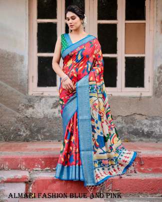 Pure Digital Silk Printed Blue And Pink Saree For Women