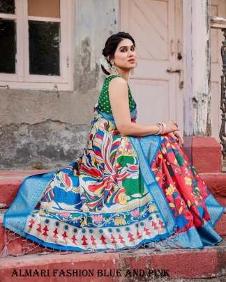 Pure Digital Silk Printed Blue And Pink Saree For Women
