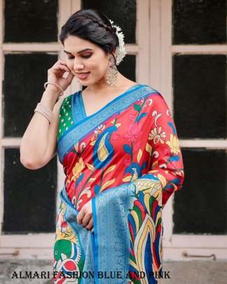 Pure Digital Silk Printed Blue And Pink Saree For Women