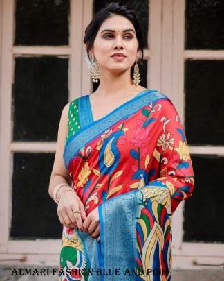 Pure Digital Silk Printed Blue And Pink Saree For Women