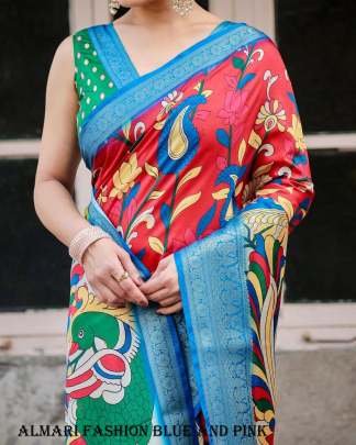 Pure Digital Silk Printed Blue And Pink Saree For Women