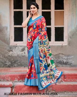 Pure Digital Silk Printed Blue And Pink Saree For Women