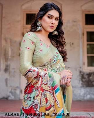 Pure Digital Silk Printed Light Mehendi Saree