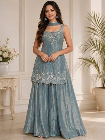 Pure Fandy Greyish Sleeveless Sharara Suit 