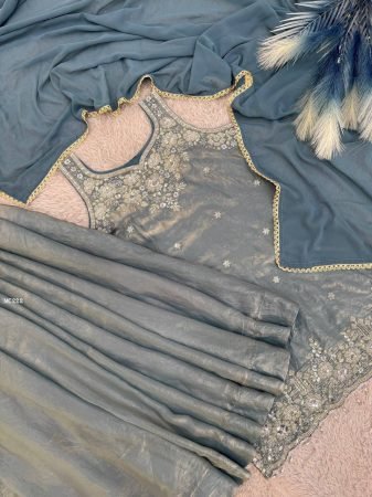 Pure Fandy Greyish Sleeveless Sharara Suit