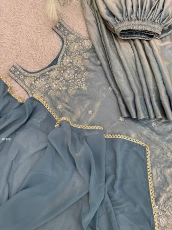 Pure Fandy Greyish Sleeveless Sharara Suit