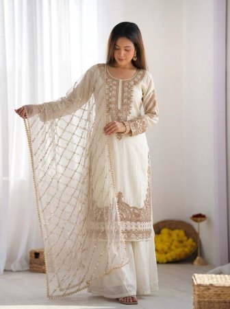 Pure Fandy Silk Beads Work White Palazzo Suit Set