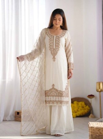 Pure Fandy Silk Beads Work White Palazzo Suit Set
