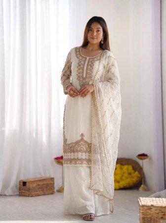 Pure Fandy Silk Beads Work White Palazzo Suit Set