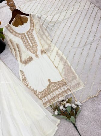 Pure Fandy Silk Beads Work White Palazzo Suit Set