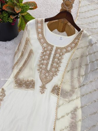 Pure Fandy Silk Beads Work White Palazzo Suit Set