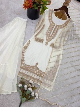 Pure Fandy Silk Beads Work White Palazzo Suit Set
