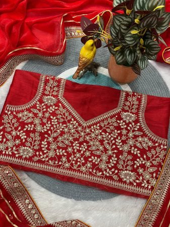 Pure Fendy Satin Silk Red Saree with Jari Dori And Sequins Embroidery