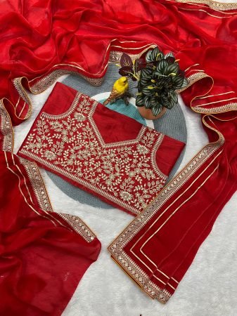 Pure Fendy Satin Silk Red Saree with Jari Dori And Sequins Embroidery