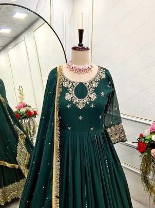 Green Georgette Gown Pent and Dupatta Set Fully Stitched
