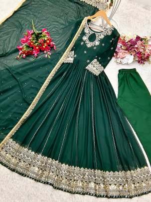 Green Georgette Gown Pent and Dupatta Set Fully Stitched
