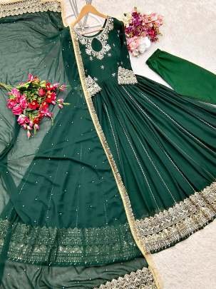 Green Georgette Gown Pent and Dupatta Set Fully Stitched