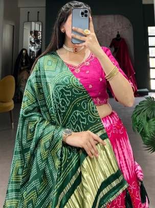 Pure Gaji Silk Pink Bandhej Digital Print Lehenga Choli Dupatta