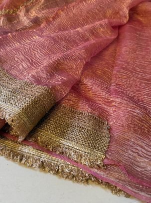 Pure Handloom Tissue Crushed Banarasi Saree With Gotapatti Border