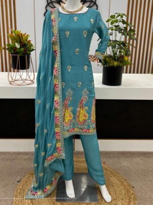 Pure Heavy Chinnon Silk With Heavy Embroidery Work suit by fab funda 