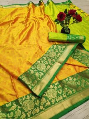 Pure Kanjivaram Self Jacquard Yellow With Green Border Sarees