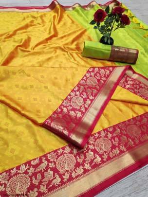 Pure Kanjivaram Self Jacquard Yellow With Red Border Sarees