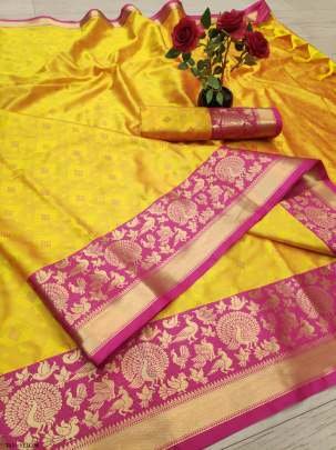 Pure Kanjivaram Self Jacquard Yellow With Pink Border Sarees