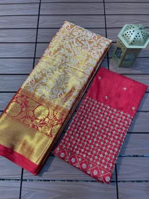 Pure Kanjivaram Silk Mina Weaving Saree With Khatali Handwork Blouse