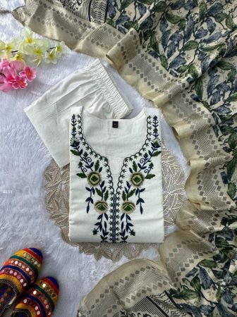 Pure Khadi Cotton Embroidered Kurti Pant Set