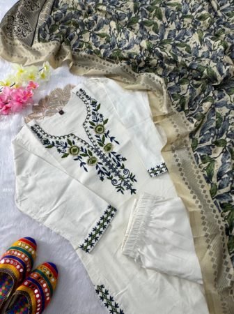 Pure Khadi Cotton Embroidered Kurti Pant Set