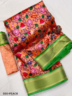 Pure Lichi Silk Paithani Peach Saree with Floral Digital Print