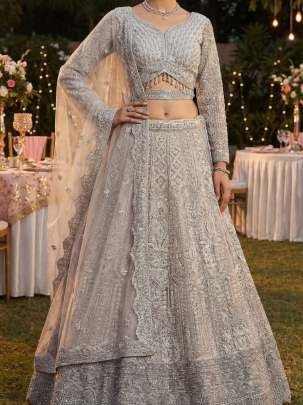 Pure Net Fabric Silver Colour Lehenga Choli With Dupatta