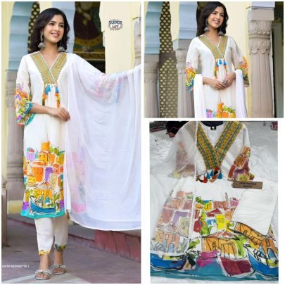 Pure Printed Georgette top with Embroidery  and mirror work Designer suit