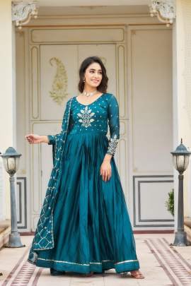 Pure Rangoli Rama Colour Gown With Dupatta