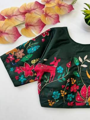 Pure Silk Bottle Green Ready Made Blouse