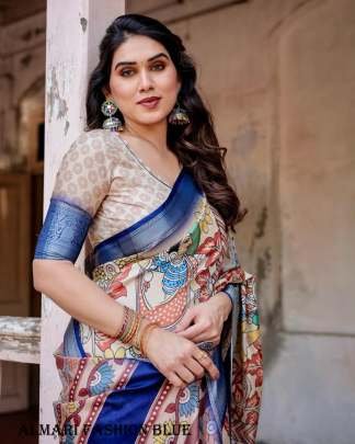 Pure Silk Digital Printed Blue Saree From Fab Funda