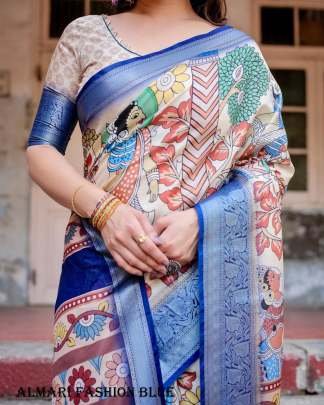 Pure Silk Digital Printed Blue Saree From Fab Funda