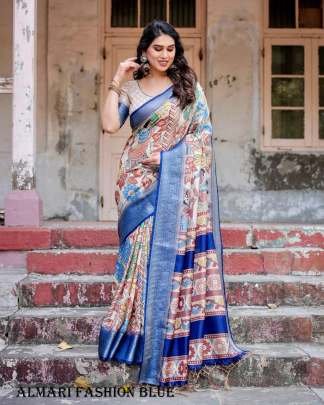 Pure Silk Digital Printed Blue Saree From Fab Funda