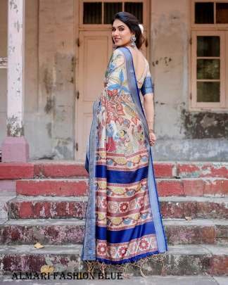 Pure Silk Digital Printed Blue Saree From Fab Funda