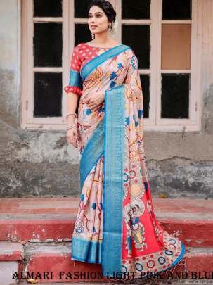 Pure Silk Digital Printed Light Pink And Blue Saree