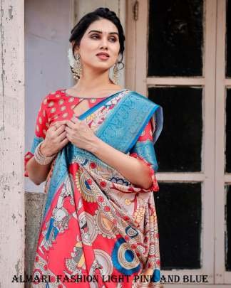 Pure Silk Digital Printed Light Pink And Blue Saree