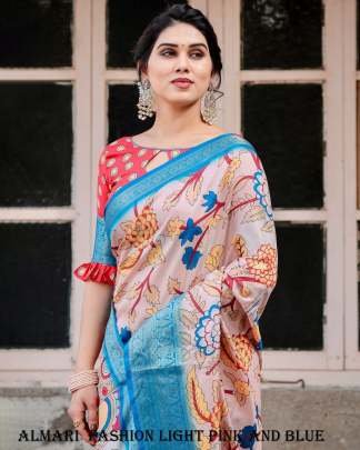 Pure Silk Digital Printed Light Pink And Blue Saree