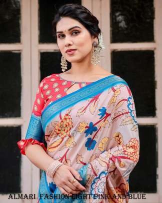 Pure Silk Digital Printed Light Pink And Blue Saree
