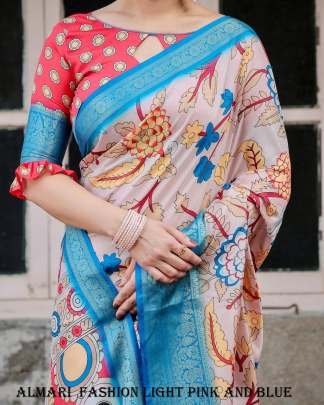 Pure Silk Digital Printed Light Pink And Blue Saree