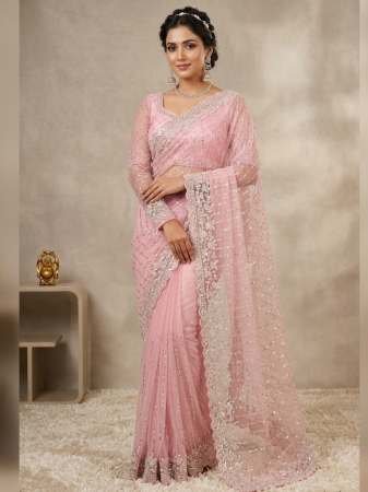 Pure Soft Net Pink Colour Hand Work Saree
